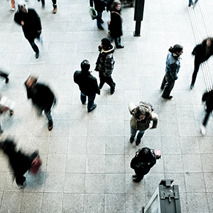 "overhead shot of people walking down the street"