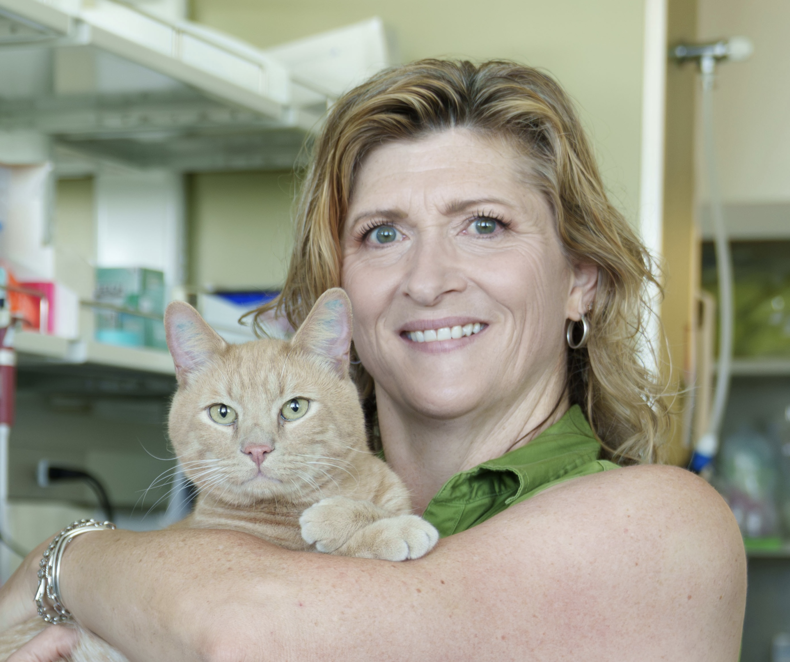 Jennifer Larsen in a vet lab smiling while holding an orange cat.