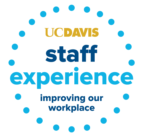 A circle made of blue dots surround the words "UC Davis staff experience, improving our workplace"