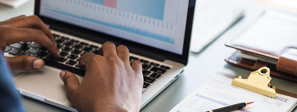 photo of hands using a laptop to view a financial related graphic