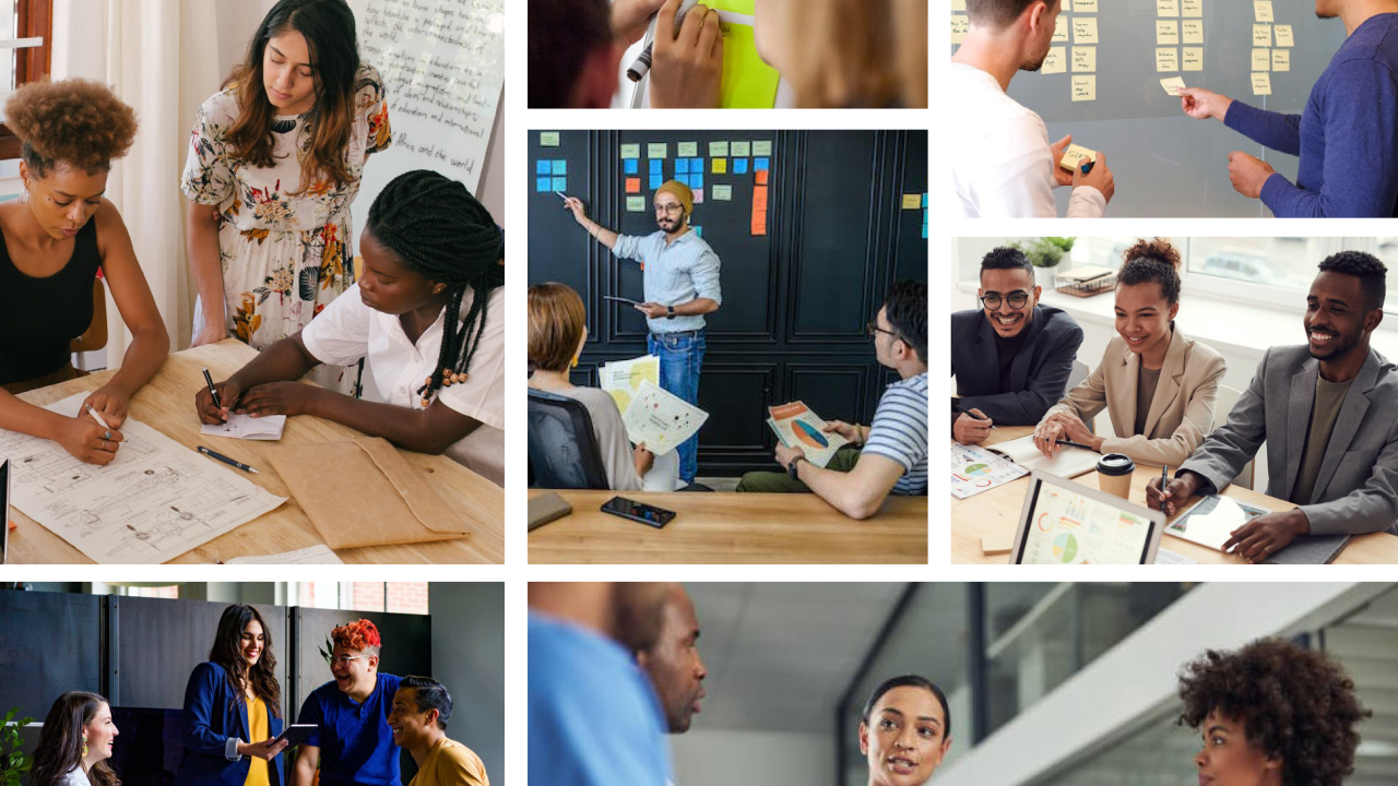 cover of strategic planning guide. collage of groups of co-workers collaborating depicted as people sitting closely together and looking over the same object, paper, screen, etc.