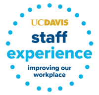 A circle made of blue dots surround the words "UC Davis staff experience, improving our workplace"