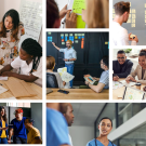 cover of strategic planning guide. collage of groups of co-workers collaborating depicted as people sitting closely together and looking over the same object, paper, screen, etc.