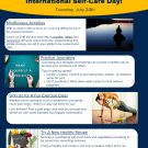 Flyer with pictures of meditation, a man engaging in exercise with his dog, journaling prompts and recipes. 