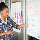 Person pointing at a whiteboard.