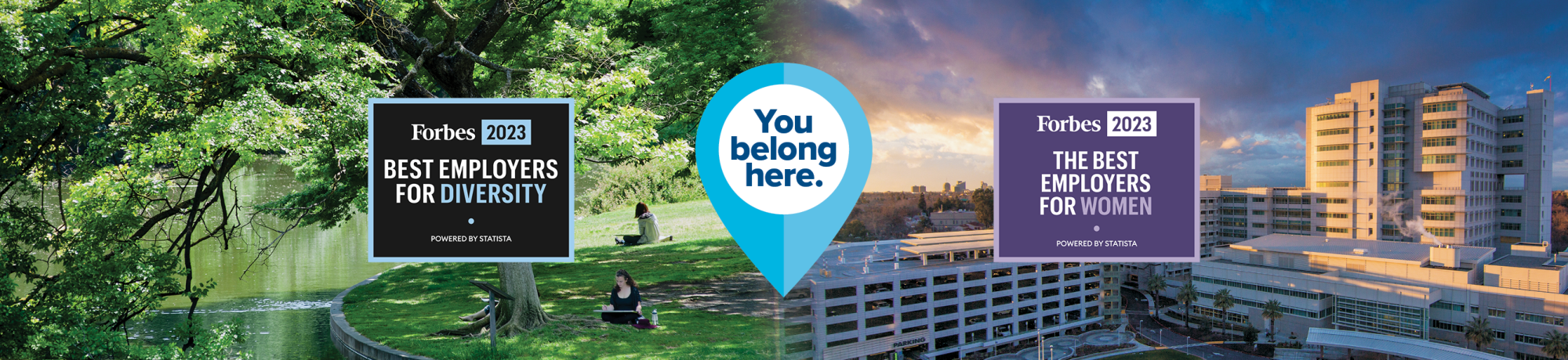 Image of the Arboretum on left side and the UCD Medical Center on right, with Forbes' award logos on top. Best Employer for Diversity 2022 and Best Employer for Women 2022