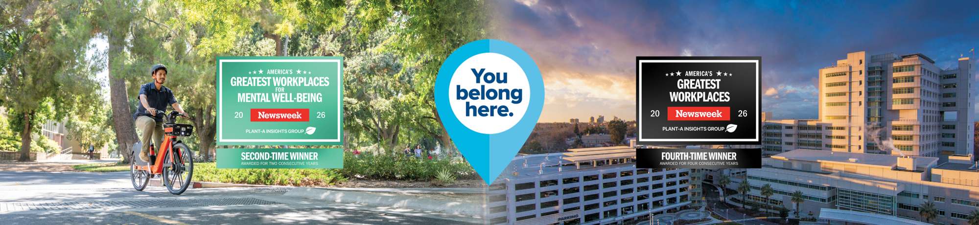 Learn more about UC Davis being named one of America’s Greatest Workplaces and a top workplace for Mental Well-being (2025), featuring a cyclist on the Davis campus Arboretum and the UC Davis Medical Center.